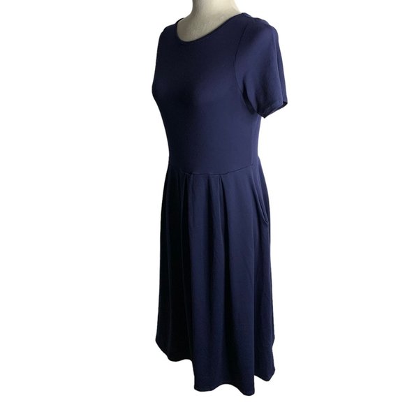 24 Seven Comfort Apparel Pleated Midi Dress S Navy Blue Short Sleeves Pockets - Picture 3 of 6